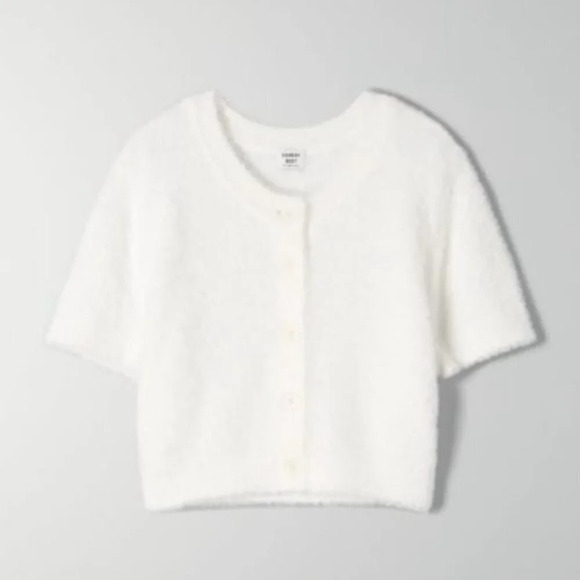 Aritzia Sunday Best Fuzzy Soft Cropped Effie Cardigan Short Sleeve White Small - Picture 1 of 6